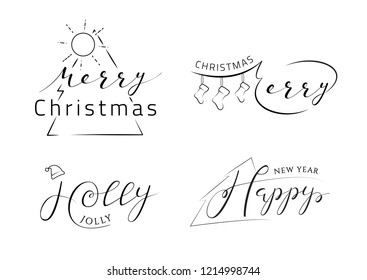 Holly Jolly Merry Christmas Happy New Year Isolated on White Background Hand Drawn Lettering. Set of Vector Illustration Quote. Collection Handwritten Inscription.