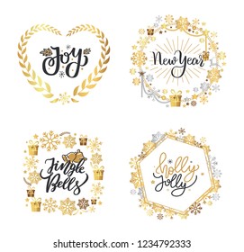 Holly Jolly, Merry Christmas, New Year, Happy Holidays and warm wishes, cookies for Santa lettering text, Xmas greeting cards with ornamental golden frames and heart form on white background