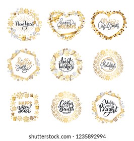 Holly Jolly, Merry Christmas, New Year, Happy Holidays and warm wishes, cookies for Santa lettering text, Xmas greeting cards with ornamental golden frames and heart form on white background