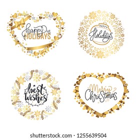 Holly Jolly, Merry Christmas, New Year, Happy Holidays and warm wishes, cookies for Santa lettering text, Xmas greeting cards with ornamental golden frames and heart form on white background