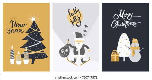 Holly Jolly Merry Christmas and New Year banner of three pictures. Vector illustration of decorated xmas tree and burning candles, Santa Claus on skis and with gift bag, snowman near present box