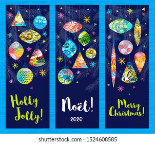Holly Jolly, Merry Christmas, Noel lettering collection. Christmas tree branch colorful decoration, snowflakes stars banners design pattern, packaging, cover, greeting cards set. Vector illustration.