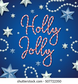 Holly Jolly merry Christmas striped candy texture text greetings on festive blue background with balls, stars, beads, confetti. Vector illustration. Xmas greeting card. Holly Jolly candy text.