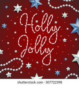 Holly Jolly merry Christmas striped candy texture text greetings on festive red background with balls, stars, beads, confetti. Vector illustration. Xmas greeting card. Holly Jolly candy text.