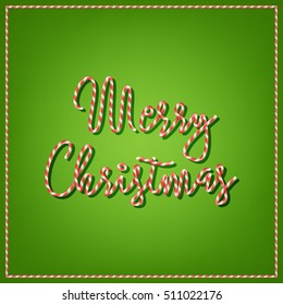 Holly Jolly merry Christmas striped candy texture text greetings on festive blue background with candy frame. Vector illustration. Xmas greeting card. Merry Christmas candy text. Cute cartoon card.