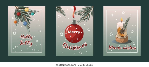 Holly Jolly, Merry Christmas and Warm Wishes lettering set of holiday greeting cards. Traditional Christmas candle, holly branch, festive ball. Christmas posters collection, flier templates