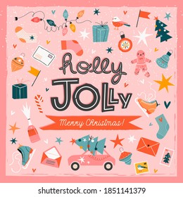 Holly Jolly pink Christmas trendy greeting card template. Festive Christmas lettering and cute illustrated elements around. Greeting card, invitation design. Winter holiday concept. 