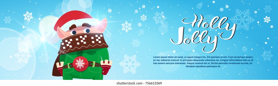 Holly Jolly Poster Merry Christmas Banner Green Elf On Winter Holiday Horizontal Banner Flat Vector Illustration