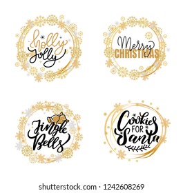 Holly Jolly quote, Merry Christmas text for greeting cards, lettering font. Black and gold inscription, winter holidays in wreath tag, snowflakes frames