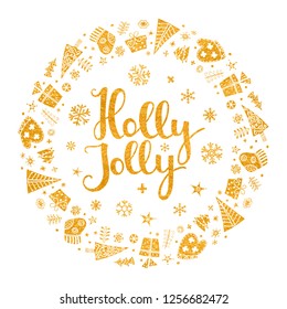 Holly Jolly quote with stars and snowflakes in round Christmas gold frame. Hand drawn Xmas lettering on white background for greeting card, postcard, invitation and banner design. Vector illustration.