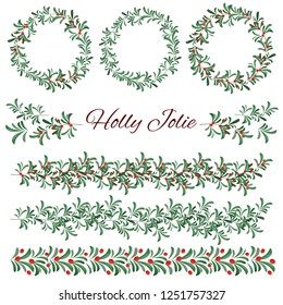 Holly Jolly set. Set for Christmas design. Wreaths, borders, flowers of green leaves and red berries. All elements are isolated.