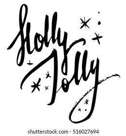 Holly Jolly with stars handwritten phrase black ink on white background