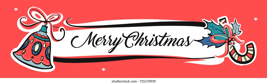 Holly jolly. Sweet candy and color bell. Freehand drawn image template poster, banner for happy new year and merry christmas party. Sketch vector illustration.
