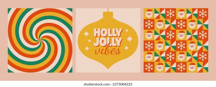 Holly jolly vibes phrase, pattern and twirl background in retro hippie 70s style. Christmas posters. Vector illustration