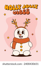 Holly Jolly vibes Xmas card. Groovy 70s Christmas card. Cute cartoon style snowman. Festive greeting card, print, invitation, poster, banner, background.
