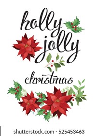 Holly, jolly. Wreath of red poinsettia and leaves. Watercolor illustration.