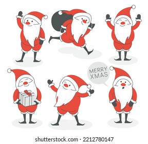 Holly jolly x mas noel. Playful cool funny santa avtions and poses vector set.