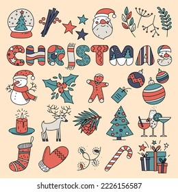 Holly jolly x mas noel. Cute christmas and new year design elements and decoration vector set.