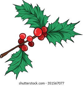 Holly leaf branch on white background. Cartoon sketch drawn by ink. Hand drawn vector illustration.