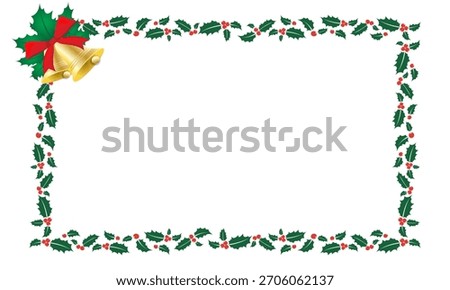 Holly Leaf Frame Design with Golden Bells for Christmas and New Year Background