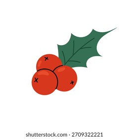 Holly leaf with red berries. Winter plant icon. Flat illustration on white background for Christmas designs.