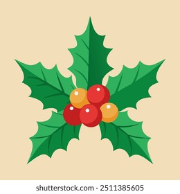 A holly leaf with red and yellow berries on a beige background