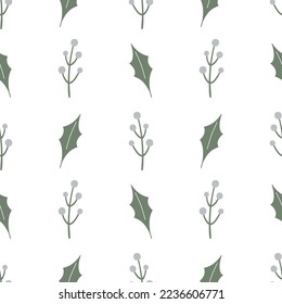 Holly leaf and twigs with berries. Winter festival seamless pattern.