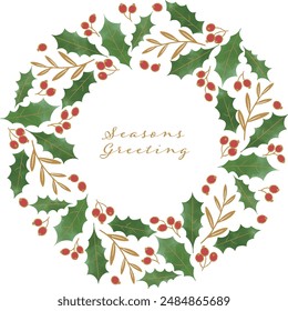 Holly leaf wreath painted in delicate watercolor style