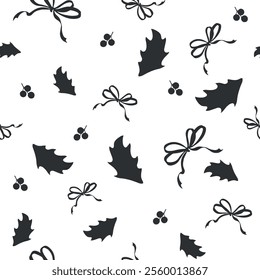 Holly leaves, berries and bows seamless pattern. Vector graphic illustration for Christmas and New Year design. Winter holiday background. Festive template for showcase, wallpaper, wrapping, fabric.