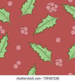 Holly leaves and berries by hand drawing.Holly leaf vector pattern on vintage background.Vector leaves art highly detailed in line art style.christmas seamless for wallpaper.