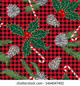 
Holly leaves with berries, candy cane, pine cones and spruce branches on a background of checkered pattern. Seamless vector pattern. Christmas texture.