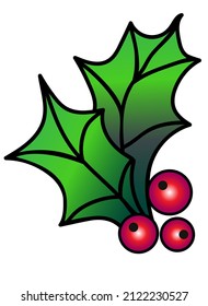 Holly leaves and berries, Christmas evergreen - vector full color picture. Holly leaves and berries, evergreen shrub