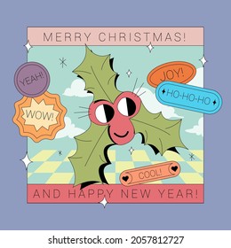 Holly leaves and berries comic illustration. Seasonal greeting card or banner template. Modern sticker design.