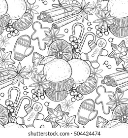 Holly leaves and berries, coniferous branches and cones in blue colors. Vector seamless pattern. Coloring book page design for adults and kids.