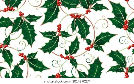 Holly leaves and berries ornate seamless pattern for greeting cards, wrapping papers etc.