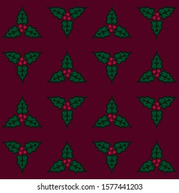 Holly leaves and berries pattern on dark red background
