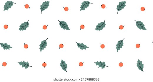 Holly leaves and berries seamless patter. Vector floral background