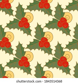 Holly leaves and berries seamless pattern. Holiday packaging, tablecloth, napkins . Hand drawn vector background