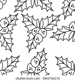 Holly leaves and berries seamless pattern. Holiday packaging, tablecloth, napkins . Hand drawn vector background.