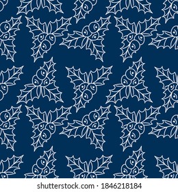 Holly leaves and berries seamless pattern. Holiday packaging, tablecloth, napkins . Hand drawn vector background.