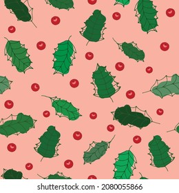 holly leaves and berries, seamless pattern