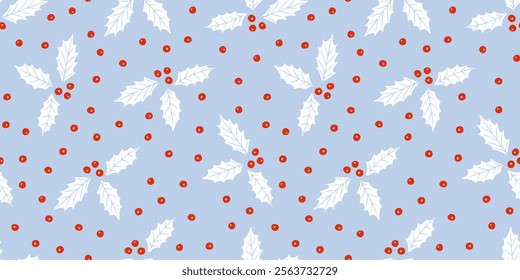 Holly leaves with berries seamless pattern. Simple frosty winter holiday season background. Block print style vector repeat design.