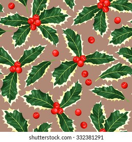 Holly leaves and berries seamless vector background