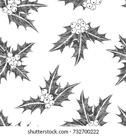 Holly leaves and berries. Vector seamless pattern with New Year symbols. Winter holiday texture. Hand drawn illustration in sketch style