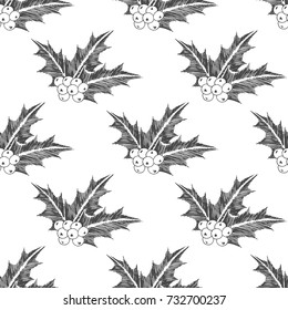 Holly leaves and berries. Vector seamless pattern with New Year symbols. Winter holiday texture. Hand drawn illustration in sketch style
