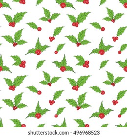 Holly Leaves and Red Berries hand drawn sketch retro, vintage Seamless Pattern. Vector Illustration.