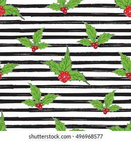 Holly Leaves and Red Berries hand drawn sketch retro, vintage Seamless Pattern. Vector Illustration