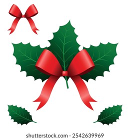 Holly Leaves and Red Bow for decoration and personalization. Christmas Ornament, Transparent Background.