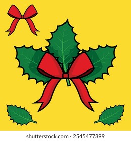 Holly Leaves and Red Bow for decoration and personalization. Christmas Ornament, Illustration with Black Outline.