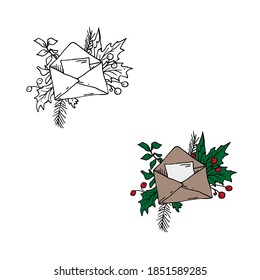 Holly, letter envelope vector illustration in color and outline sketch style